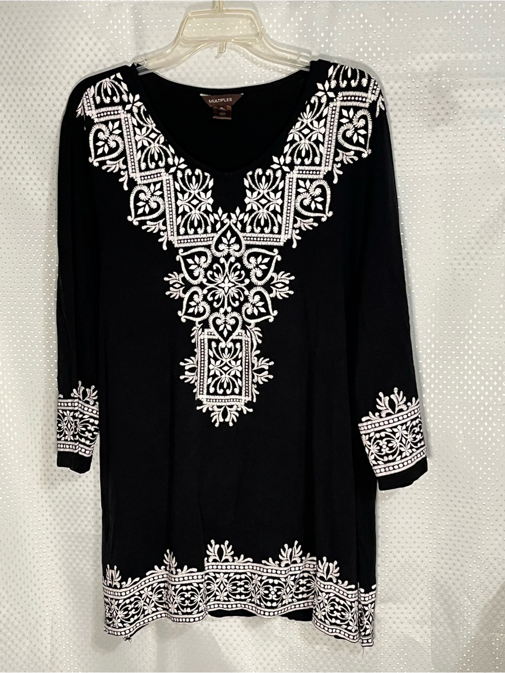 Multiples Black Tunic with White Embroidered Yoke and Hem